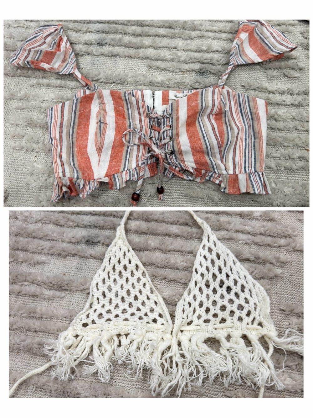 Honey Belle Striped Rust Cream Blue Lace-Up Crop Top with Crochet Bralette
